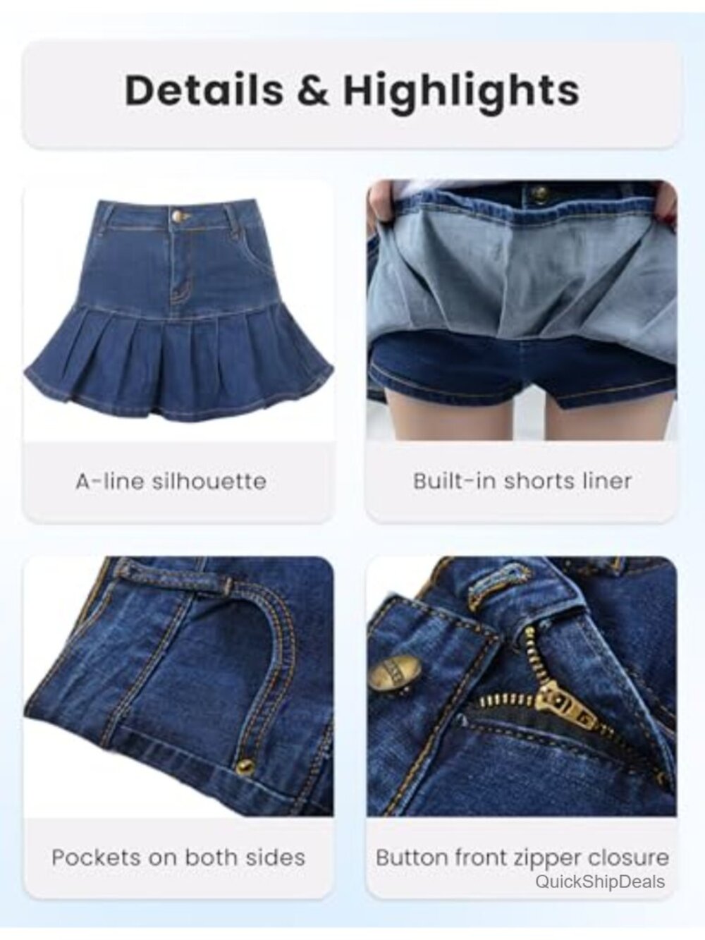 Denim Skort Mini Skirt with Built-in Shorts Ruffle Pleated Y2K A-Line Jean Skirt - Picture 4 of 6